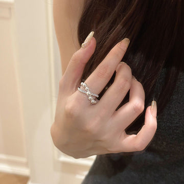 Silver Tone Interlaced Double Row Pearl Like Crystal Ring