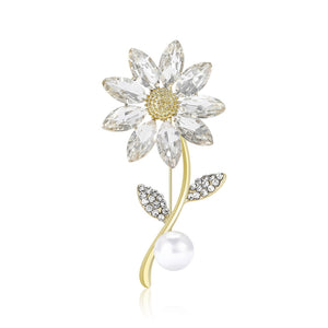 Gold Daisy Rhinestone Brooch Clear Petals Pearl Stem Pin