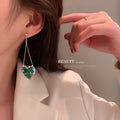 Green Crystal Heart Long Dangle Statement Earrings view 4