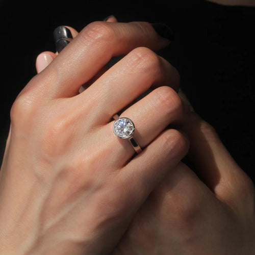 Second product view showing silver-tone round clear solitaire bezel ring