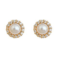 Gold Tone White Pearl Clear Halo Mini Stud Earrings For Women view 5
