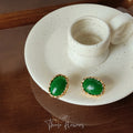 Green Oval Cabochon Stud Earrings Gold Scalloped Frame view 4