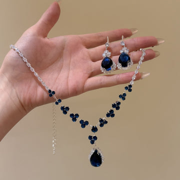 Silver Blue Flower Drop Necklace Earring Jewelry Set