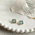 Gold Tone Green Square Stone Pearl Like Border Stud Earrings view 6