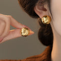 Crinkled Gold Tone Round Stud Earrings with Domed Shape view 2