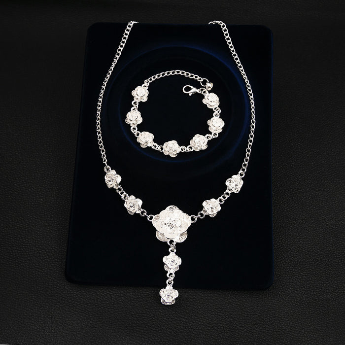 Silver Rose Motif Finished Necklace and Bracelet Jewelry