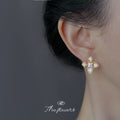 Gold Pink Enamel Lace Cross Flower Stud Earrings Pearl Center view 2