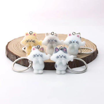 Flocked Resin Cat Keychains Holding Fish 6 Color Styles
