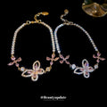 Pink Crystal Butterfly And Flower Bracelet In Gold Or Silver Tone view 2