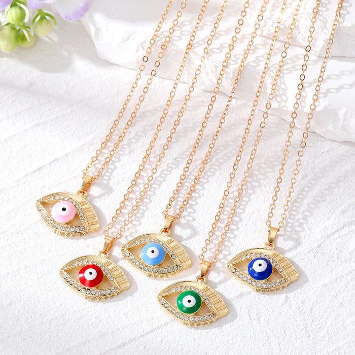 Gold Tone Crystal Rim Eyelash Enamel Evil Eye Pendant Necklaces