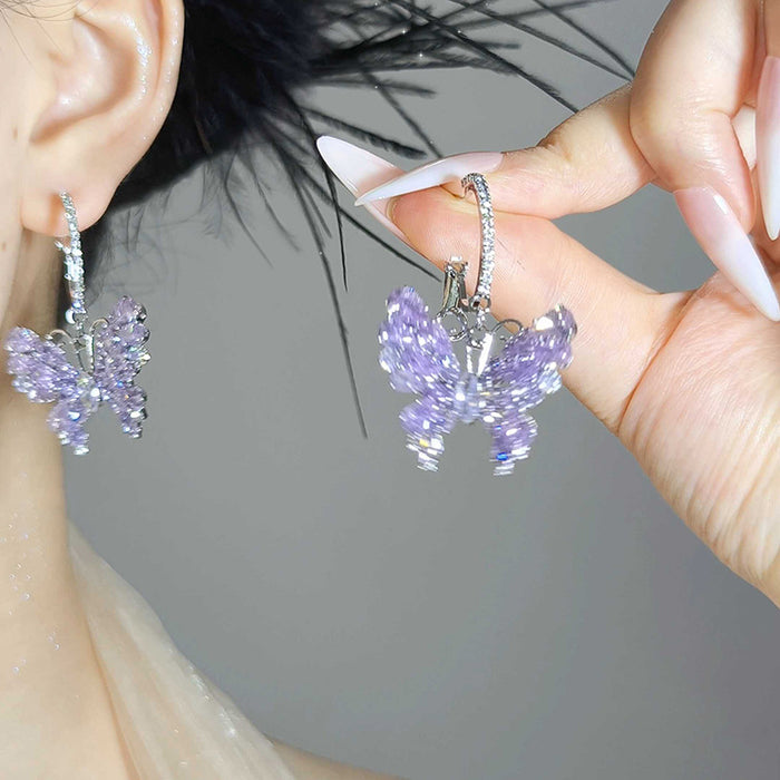 Purple Crystal Butterfly Hoop Drop Earrings in Silver Tone