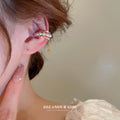 Gold Tone Crystal Pearl Heart Chain Clip Polished Metal Earring view 3