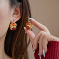 Red Cabochon Textured Gold Tone Wide Hoop Earrings view 6
