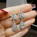 Flower Stud Pear Halo Drop Earrings White Gold Tone view 3