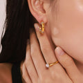 Gold Bamboo Segment C-Hoop Earrings White Zircon Pave Joints view 2