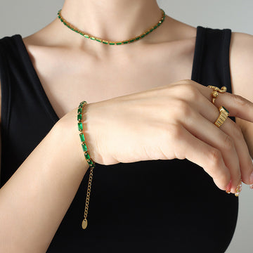 Baguette Zircon Tennis Necklace Bracelet Set Metal