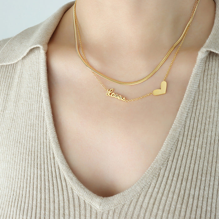 Double Layer Love Script Heart Pendant Necklace Set