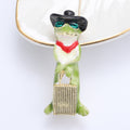 Green Frog Brooch with Black Hat Red Bow and Gold Tone Details view 4
