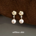 Cream Enamel Camellia Pearl Zircon Drop Stud Earrings view 3