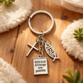 Silver Tone Cross Fish Leaf and Scripture Tag Keychain view 3