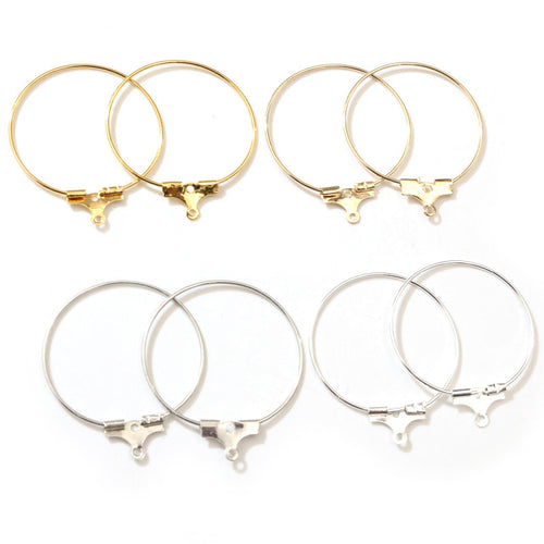 Overview of wire hoop earring findings in four finishes and six diameters on a light background