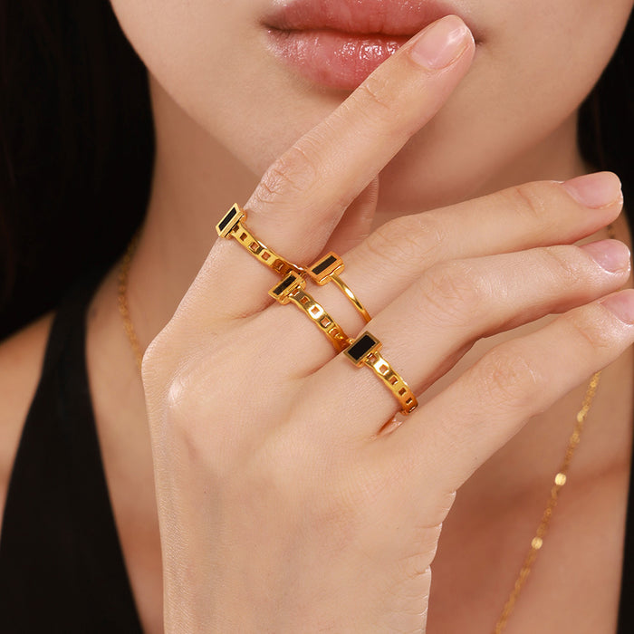 Stainless Steel Square Black Fritillary Open Rings Gold Steel