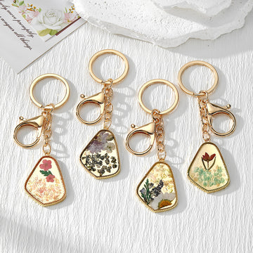 Pressed Flower Irregular Resin Keychains with Gold Tone Clips
