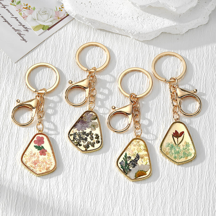 Pressed Flower Irregular Resin Keychains with Gold Tone Clips