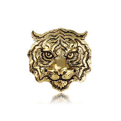 Front product view of the tiger brooch pin in gold and black