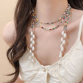 Multicolor Beaded Long Necklace with White Pearl Drops view 1