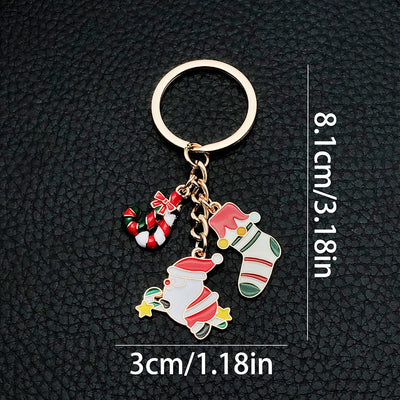 Front product photo of santa stocking candy and present enamel charm keychain showing the pictured design arrangement