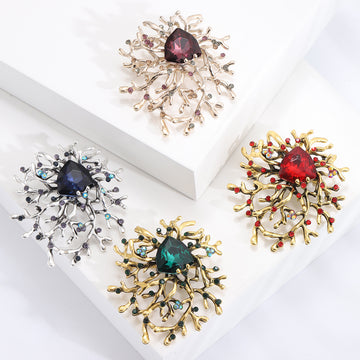Branching Crystal Flower Brooch in Four Gem Colors