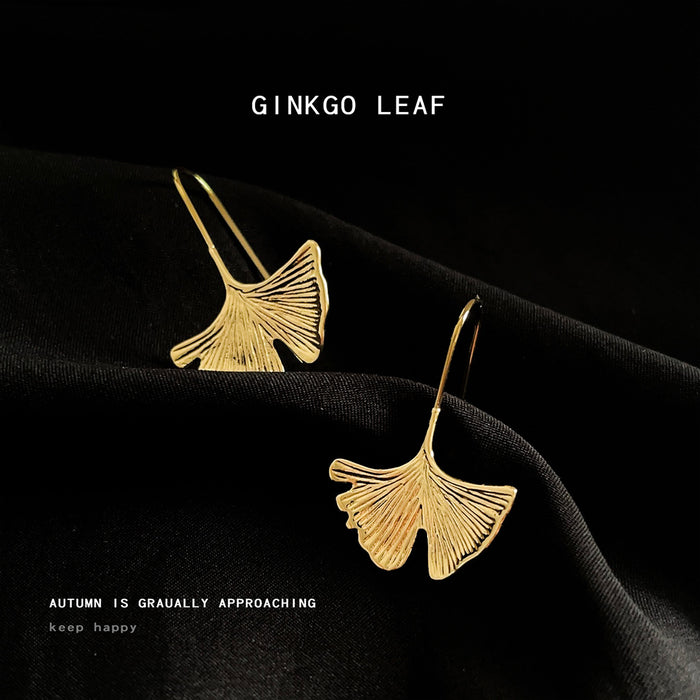 Gold Tone Long Stem Ginkgo Leaf Hook Earrings For Women
