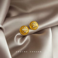 Gold Brushed Round Clover Center CZ Disc Stud Earrings view 4