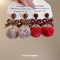 Bow and Faux Fur Pom Pom Stud Earrings in Taupe and Red view 3