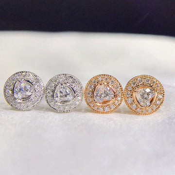 Round Crystal Halo Stud Earrings in Three Metal Tones