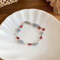 Blue Red Beaded Flower Necklace Bracelet Ring Four Pieces view 7