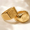 Gold Butterfly And Peony Engraved Signet Rings Sizes view 3