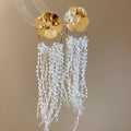 Metal Flower And Fine Chain Fringe Earrings In Two Tones view 6
