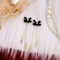 Black Velvet Bow Pearl Chain Crystal Tassel Earrings view 6