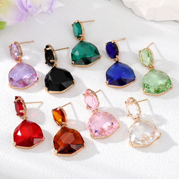 Gold Tone Fan Shape Faceted Crystal Drop Stud Earrings