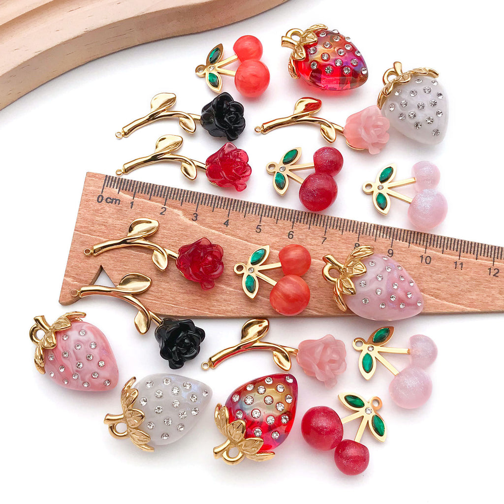 Stainless Steel 3D Cherry Strawberry Charm Pendants for DIY Keychain Necklace Bag