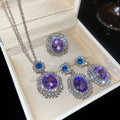 Purple Oval Crystal Halo Necklace Earrings Ring Set view 6