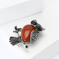 Antique Silver Owl Cabochon Brooch Black Crystal Eyes view 3