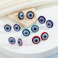 Round Blue Evil Eye Stud Earrings with Six Colored Metal Rims view 1