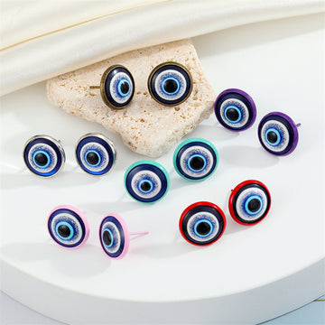 Round Blue Evil Eye Stud Earrings with Six Colored Metal Rims