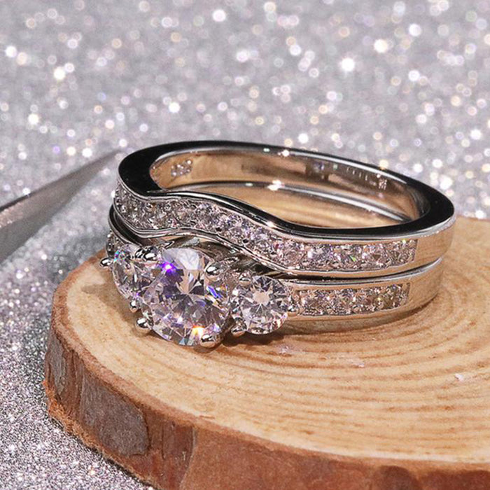 Silver Three Stone Cubic Zirconia Wave Band Two Ring Set