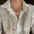 White Pearl Green Bead Gold Spacer Multi Strand Necklace view 1