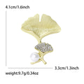 Matte Gold Ginkgo Leaf Brooch Rhinestone Accent White Pearl Pin view 4