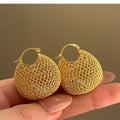Gold Tone Woven Mesh Round Hoop Statement Earrings view 2
